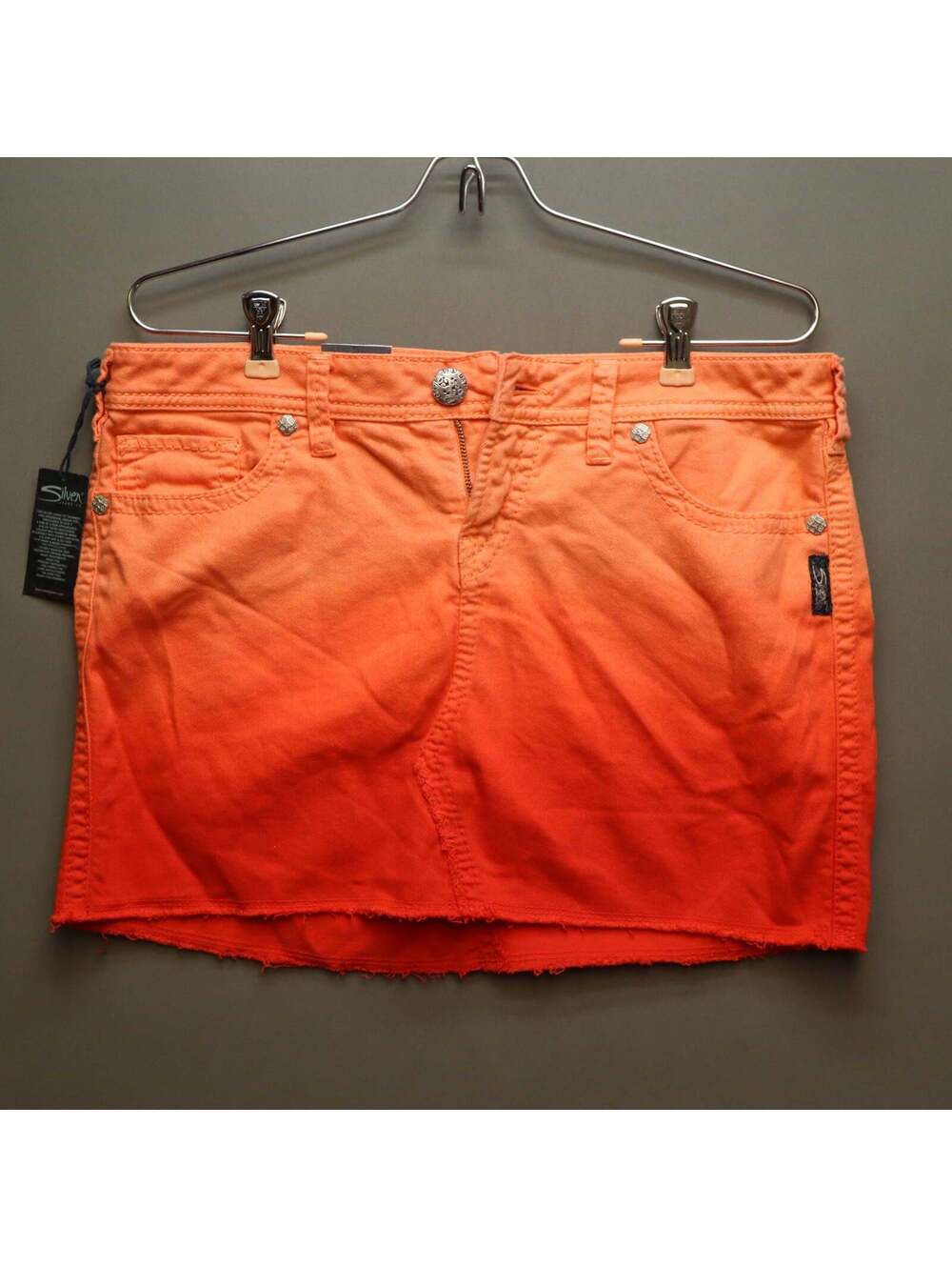 NWT Silver Jeans Co Francy Ombre Denim Mini Skirt W30 Orange Raw Hem Sunset